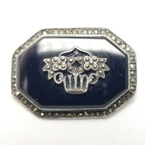 Vintage Sterling Silver Black Onyx and Marcasite Flower Basket Brooch Lapel Pin